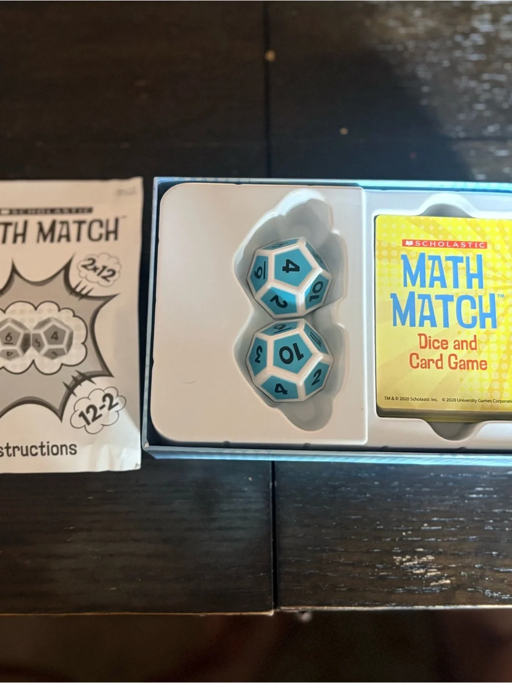 Scholastic Math Match Dice and Card Game - Yellow Box with Light Blue Dice